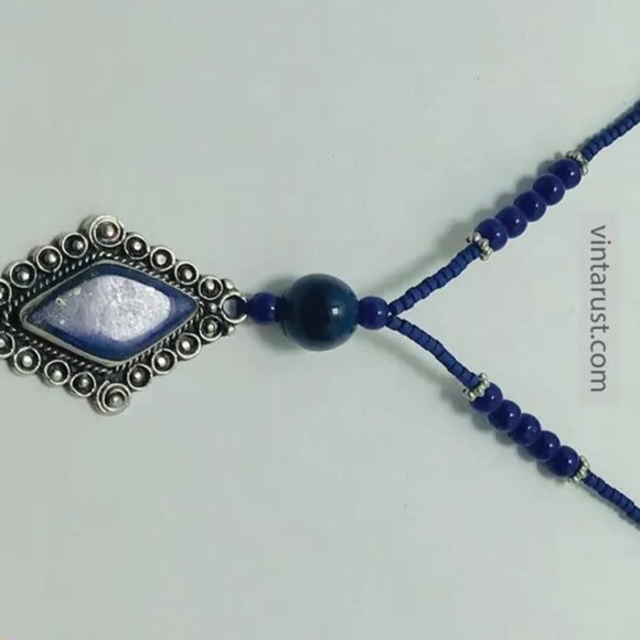 Artisan Lapis Lazuli Diamond Pendant Necklace, Ethnic Lapis Lazuli Pendant - Picture 6 of 8